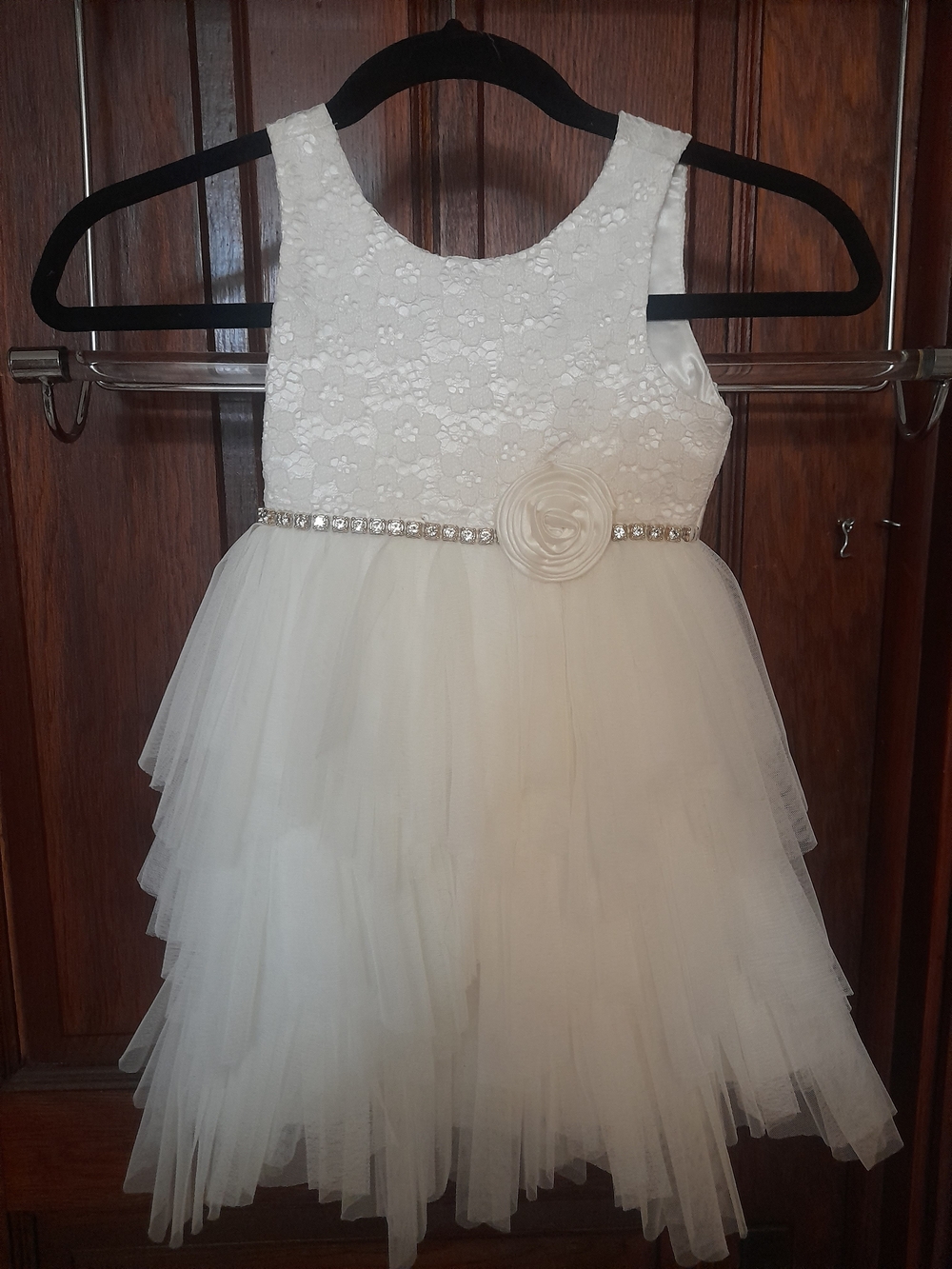 American Princess Ivory Floral Lace Tulle Dress with Rhinestone Waist